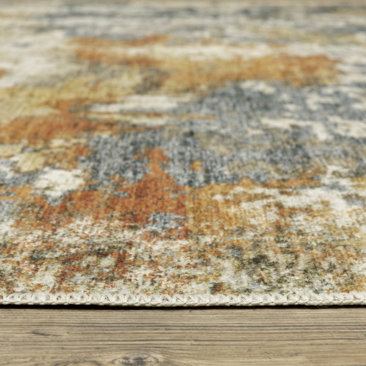 2 X 8 Teal Blue Orange Gold Grey Tan Brown And Beige Abstract Printed Stain Resistant Non Skid Runner Rug Image 3