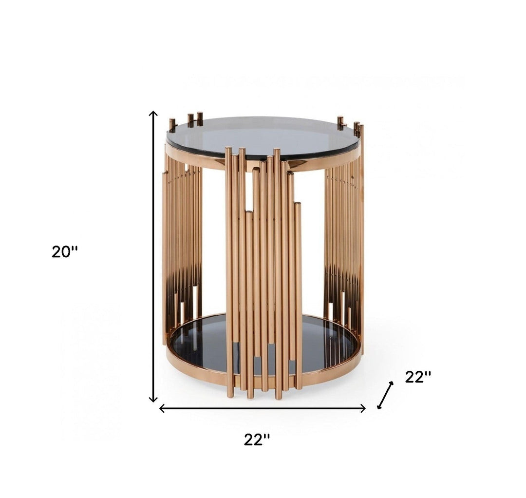 20" Rosegold And Smoked Glass Round End Table With Shelf Image 6