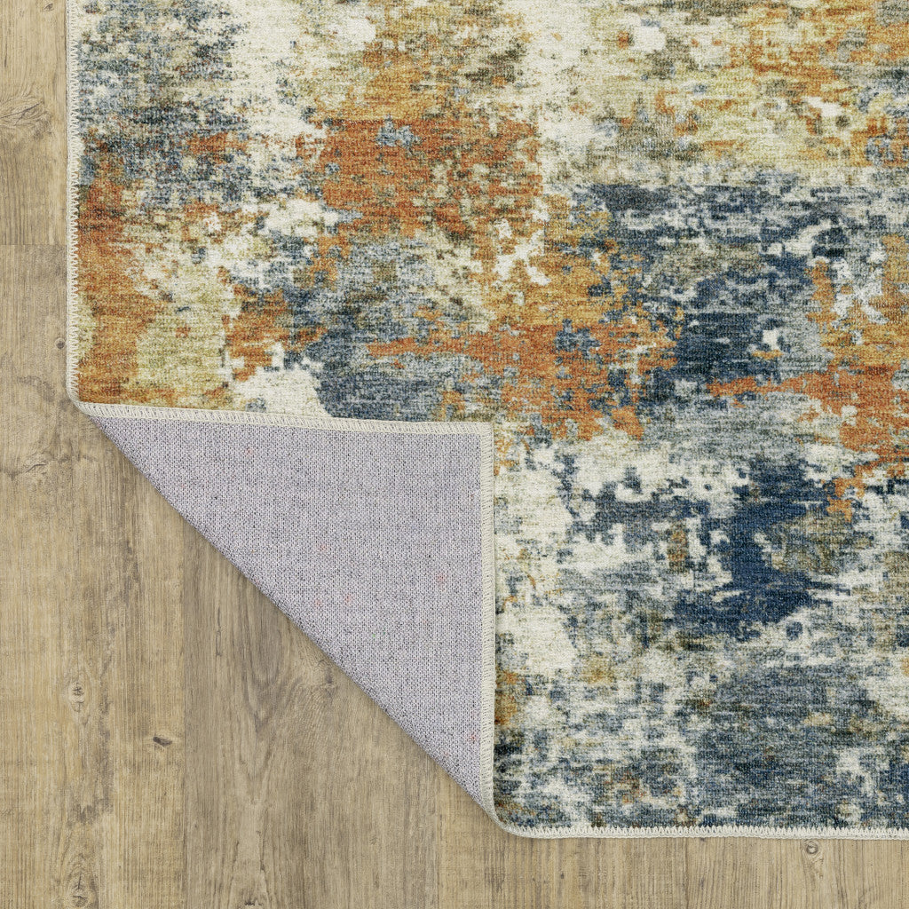 2 X 8 Teal Blue Orange Gold Grey Tan Brown And Beige Abstract Printed Stain Resistant Non Skid Runner Rug Image 5