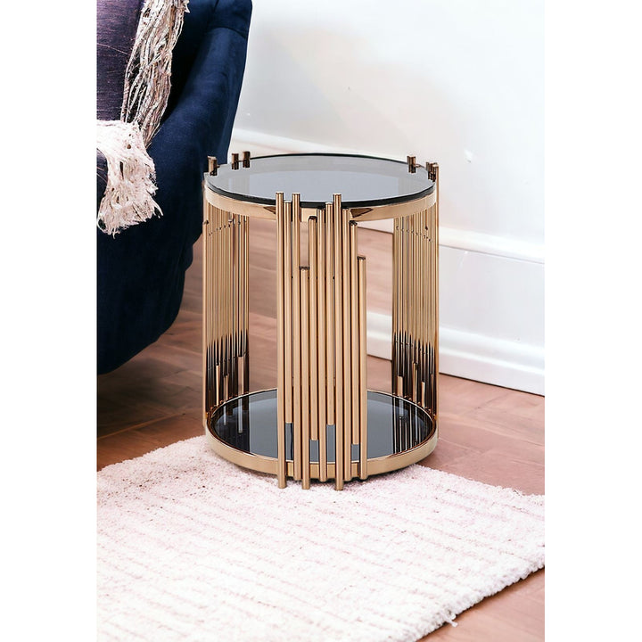 20" Rosegold And Smoked Glass Round End Table With Shelf Image 9