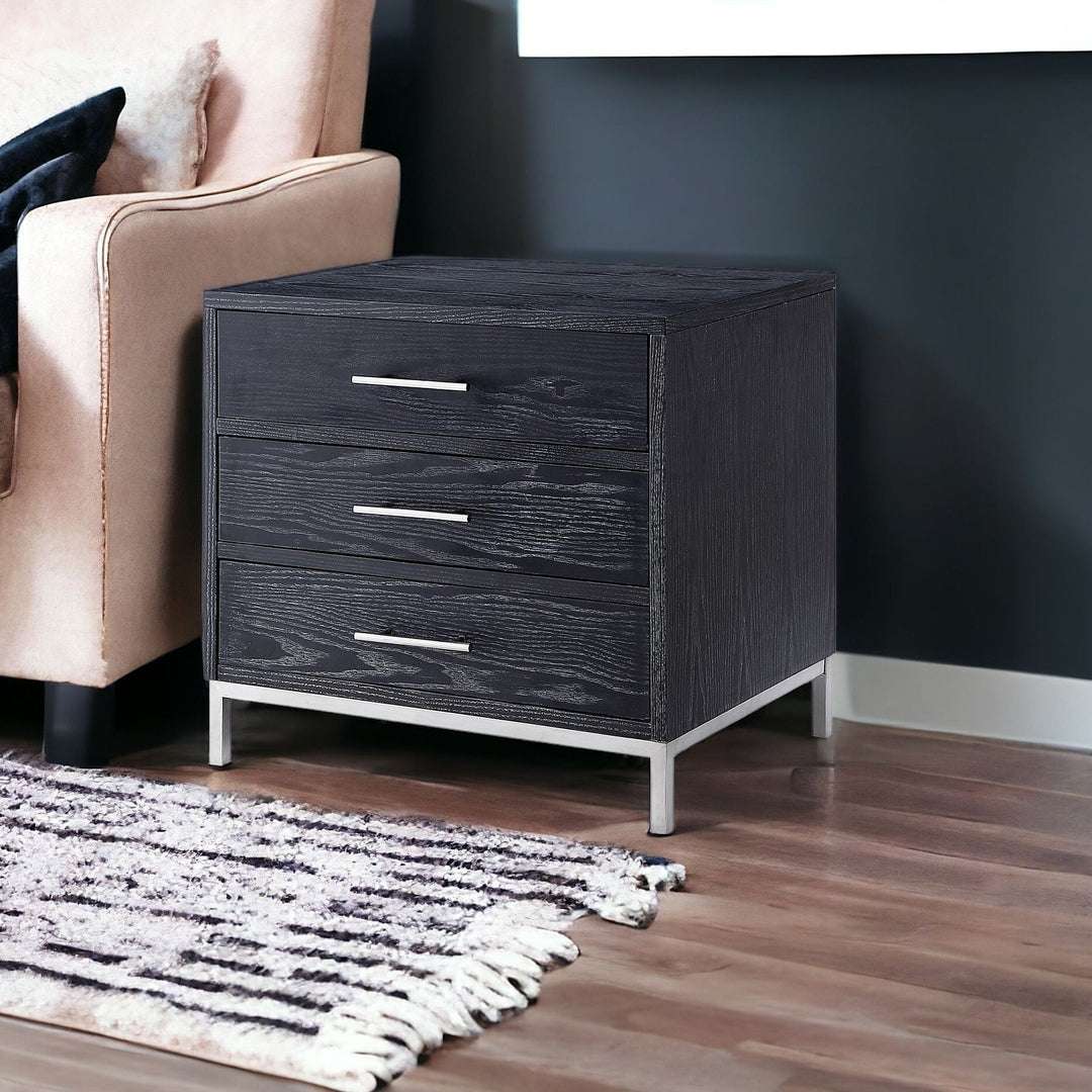 24" Silver Metallic and Black Veneer End Table with Three Drawers Image 2