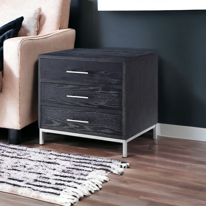 24" Silver Metallic and Black Veneer End Table with Three Drawers Image 1