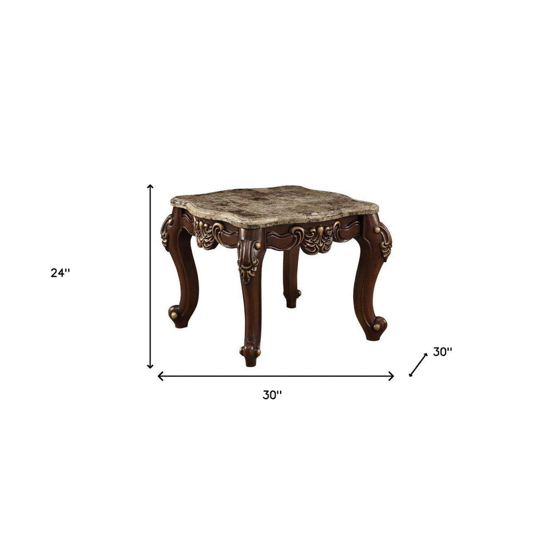 24" Walnut And Marble Marble And Solid Wood Square End Table Image 2