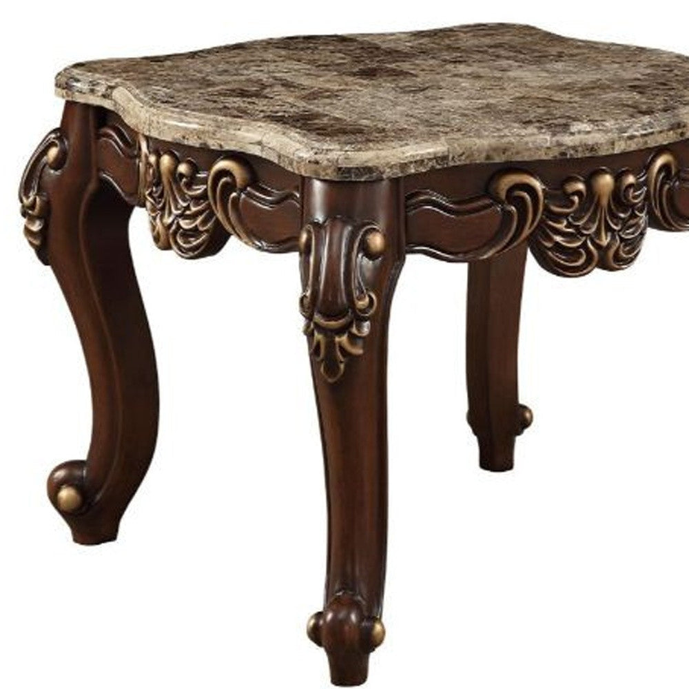 24" Walnut And Marble Marble And Solid Wood Square End Table Image 4