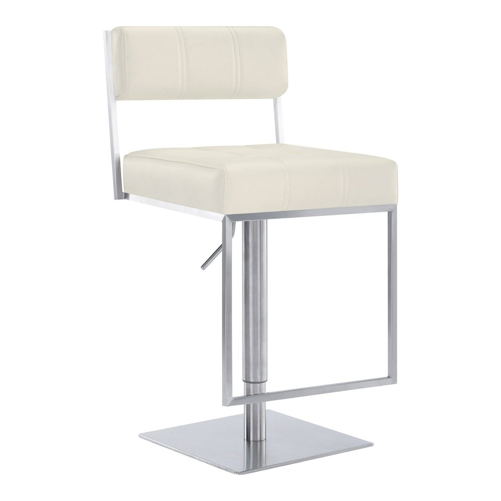 25" White And Silver Faux Leather And Iron Swivel Low Back Adjustable Height Bar Chair Image 2