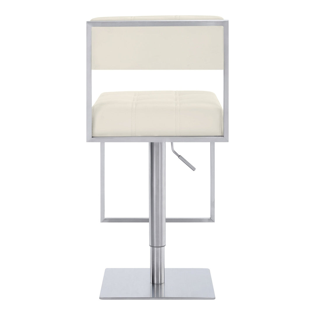 25" White And Silver Faux Leather And Iron Swivel Low Back Adjustable Height Bar Chair Image 6