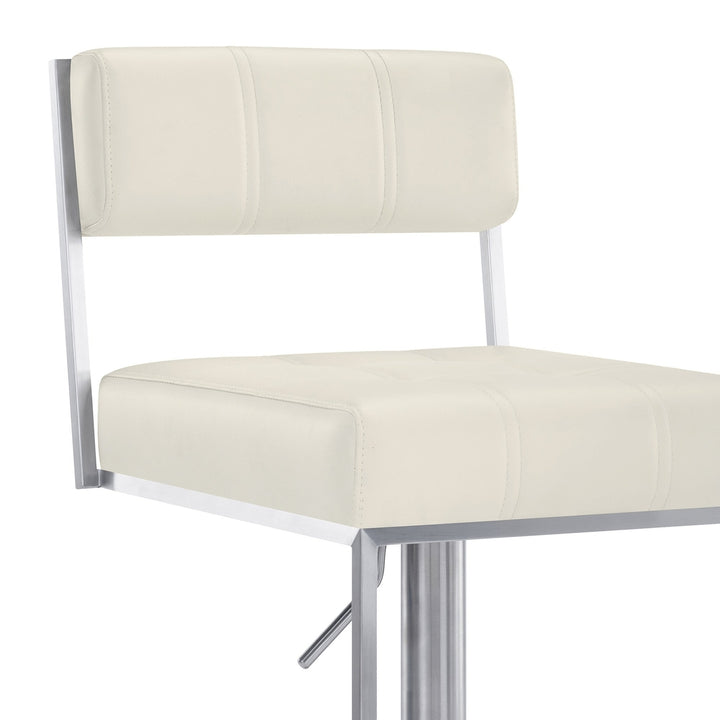 25" White And Silver Faux Leather And Iron Swivel Low Back Adjustable Height Bar Chair Image 9