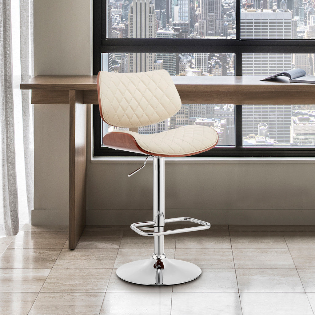 24" Cream And Silver Faux Leather And Iron Swivel Low Back Adjustable Height Bar Chair Image 3