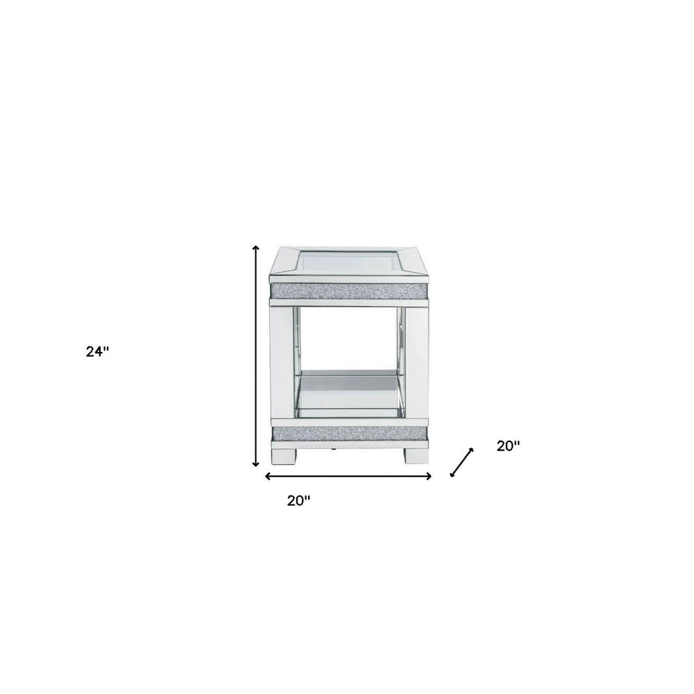 24" Clear Glass Square Mirrored End Table With Shelf Image 2