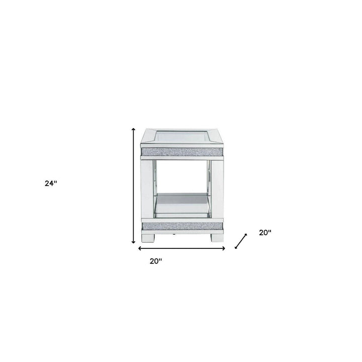 24" Clear Glass Square Mirrored End Table With Shelf Image 2