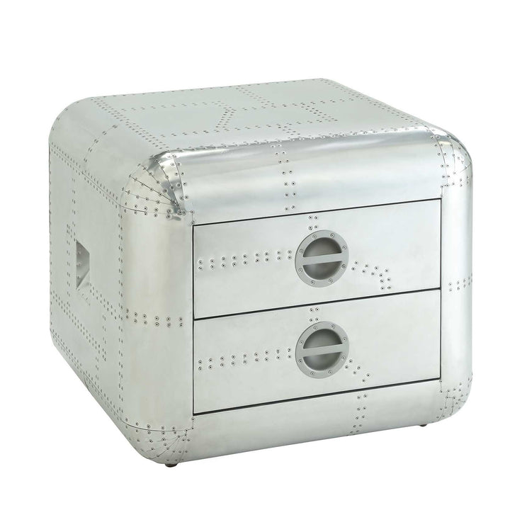 22" Silver Aluminum Aviator Trunk Style Square End Table With Two Drawers Image 1