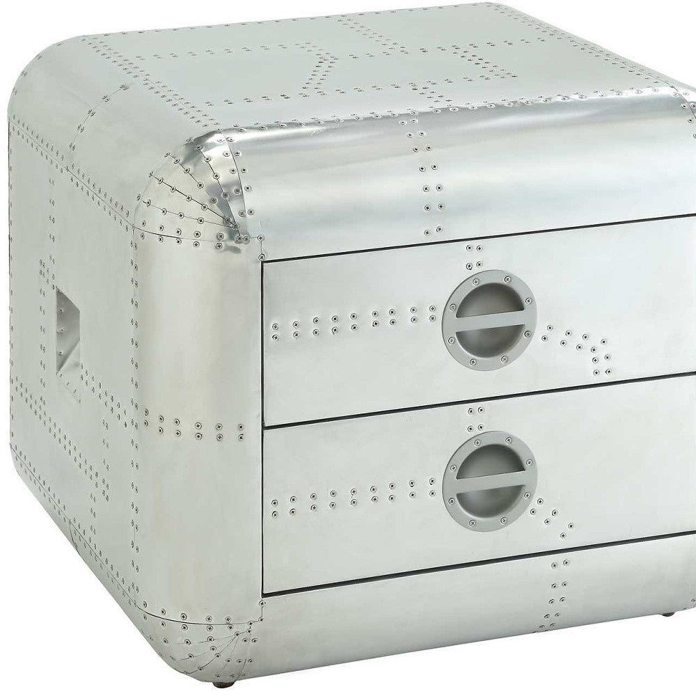 22" Silver Aluminum Aviator Trunk Style Square End Table With Two Drawers Image 5