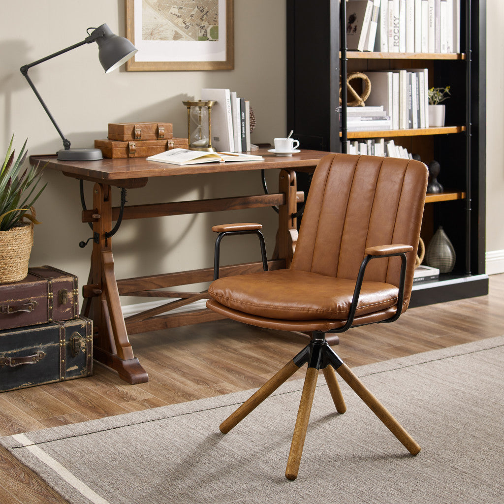 23" Carmel Brown Faux Leather Swivel Arm Chair Image 1