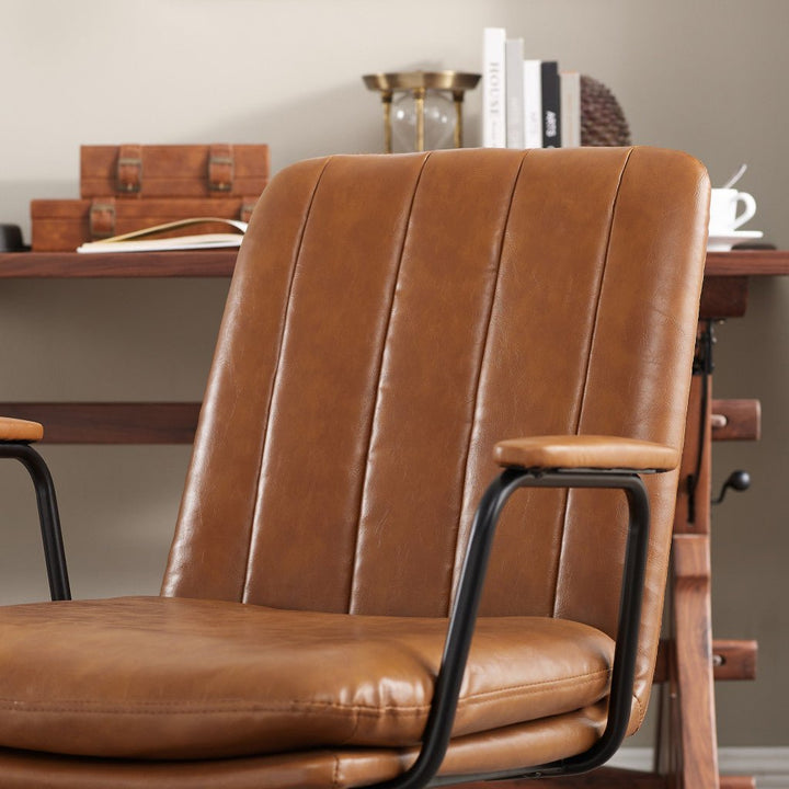 23" Carmel Brown Faux Leather Swivel Arm Chair Image 4