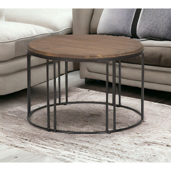 28" Brown And Black Solid Wood Round Distressed Coffee Table Image 5