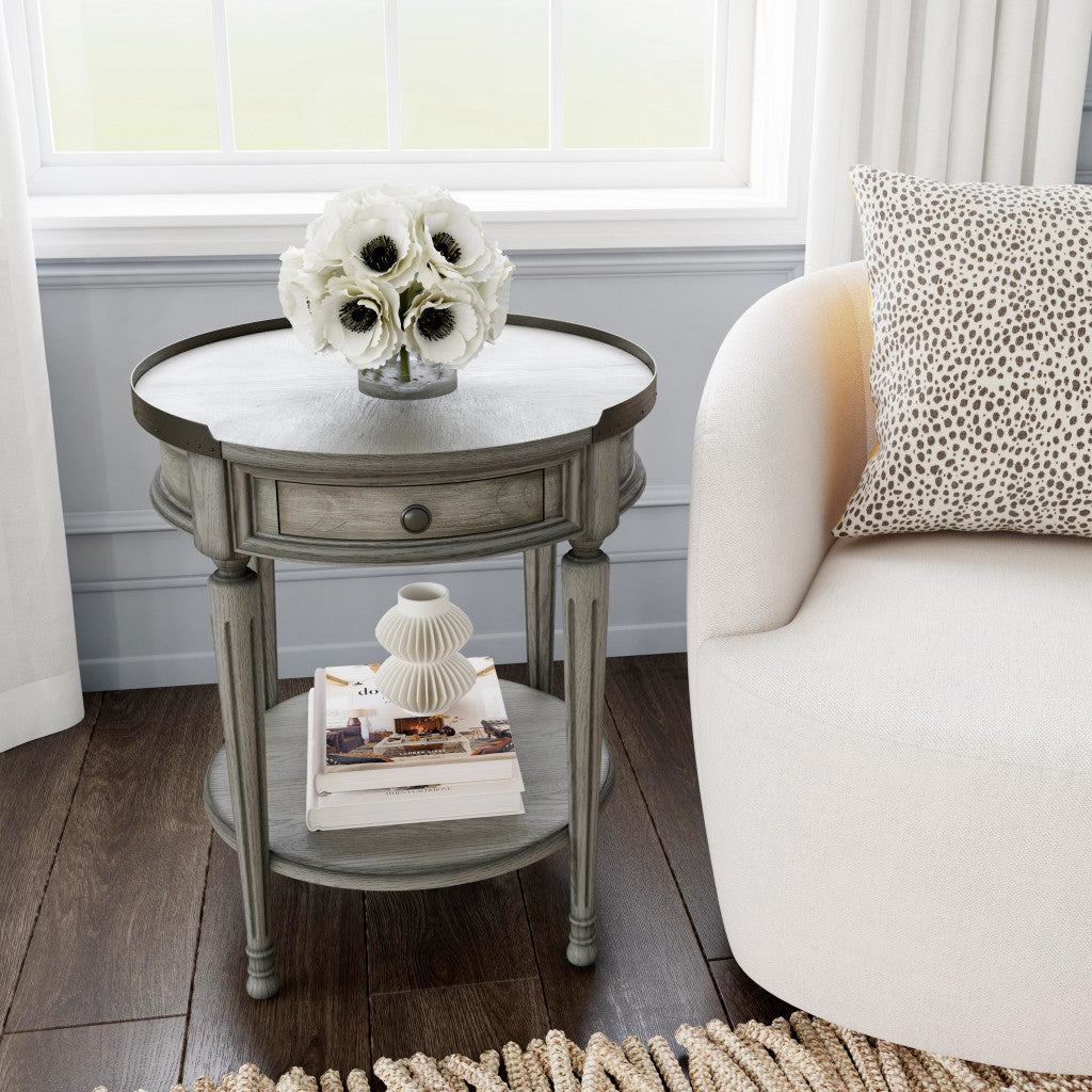 26" Gray Manufactured Wood Round End Table With Drawer And Shelf Image 2