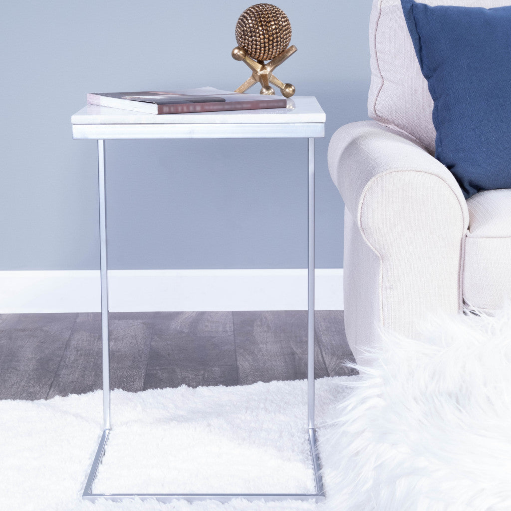 26" Silver and White Marble Square C Shape End Table Image 2