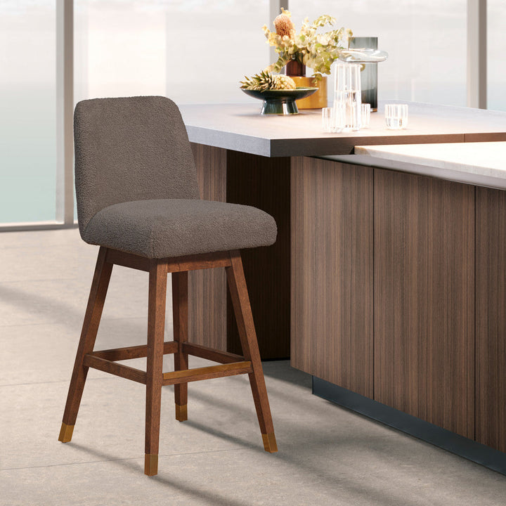 26" Taupe And Brown Upholstered And Solid Wood Swivel Counter Height Bar Chair Image 7