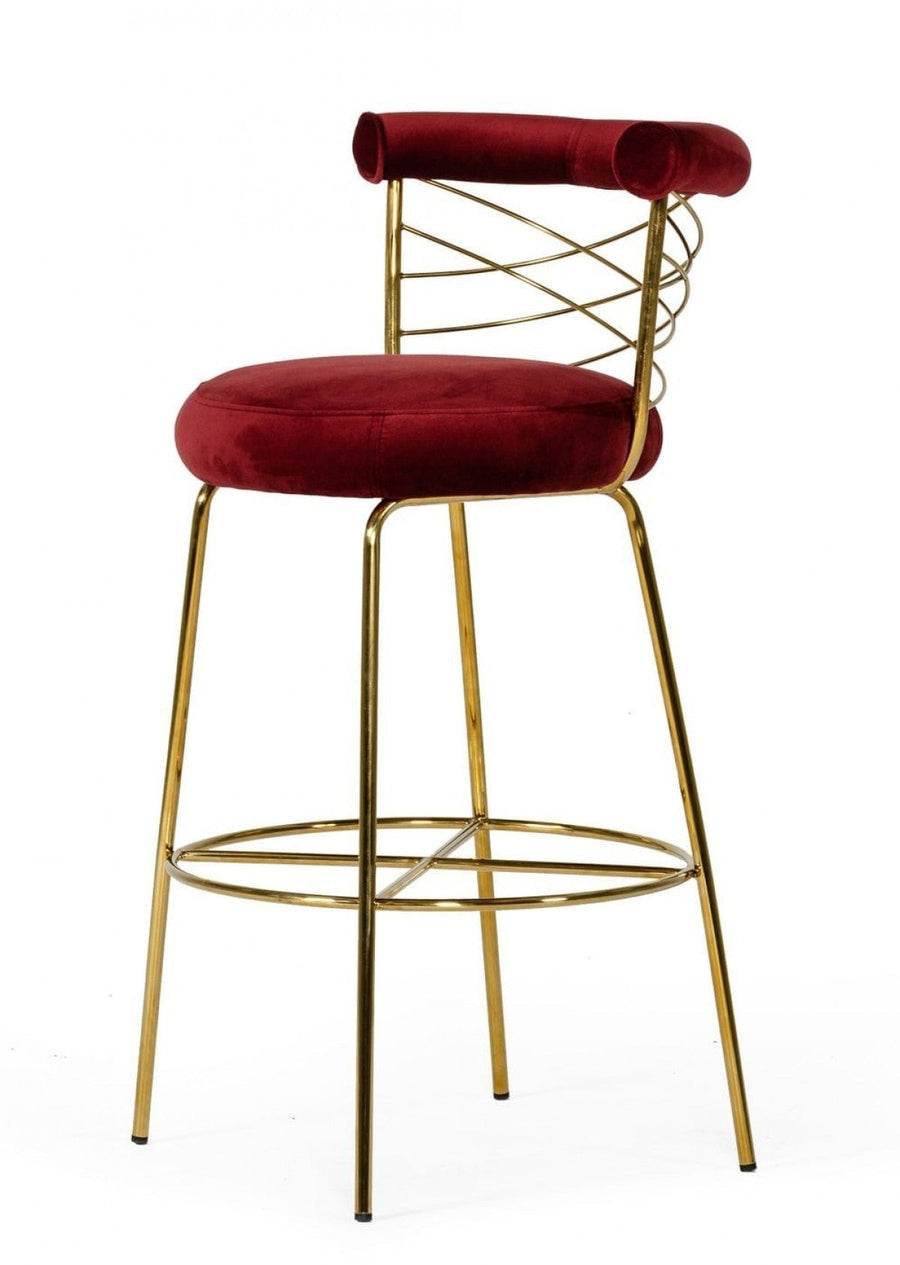 30" Red And Gold Velvet And Steel Low Back Bar Height Bar Chair Image 1