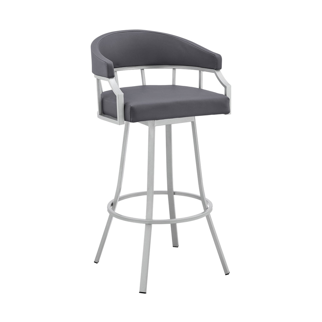 30" Slate Gray And Silver Faux Leather And Iron Swivel Low Back Bar Height Bar Chair Image 3