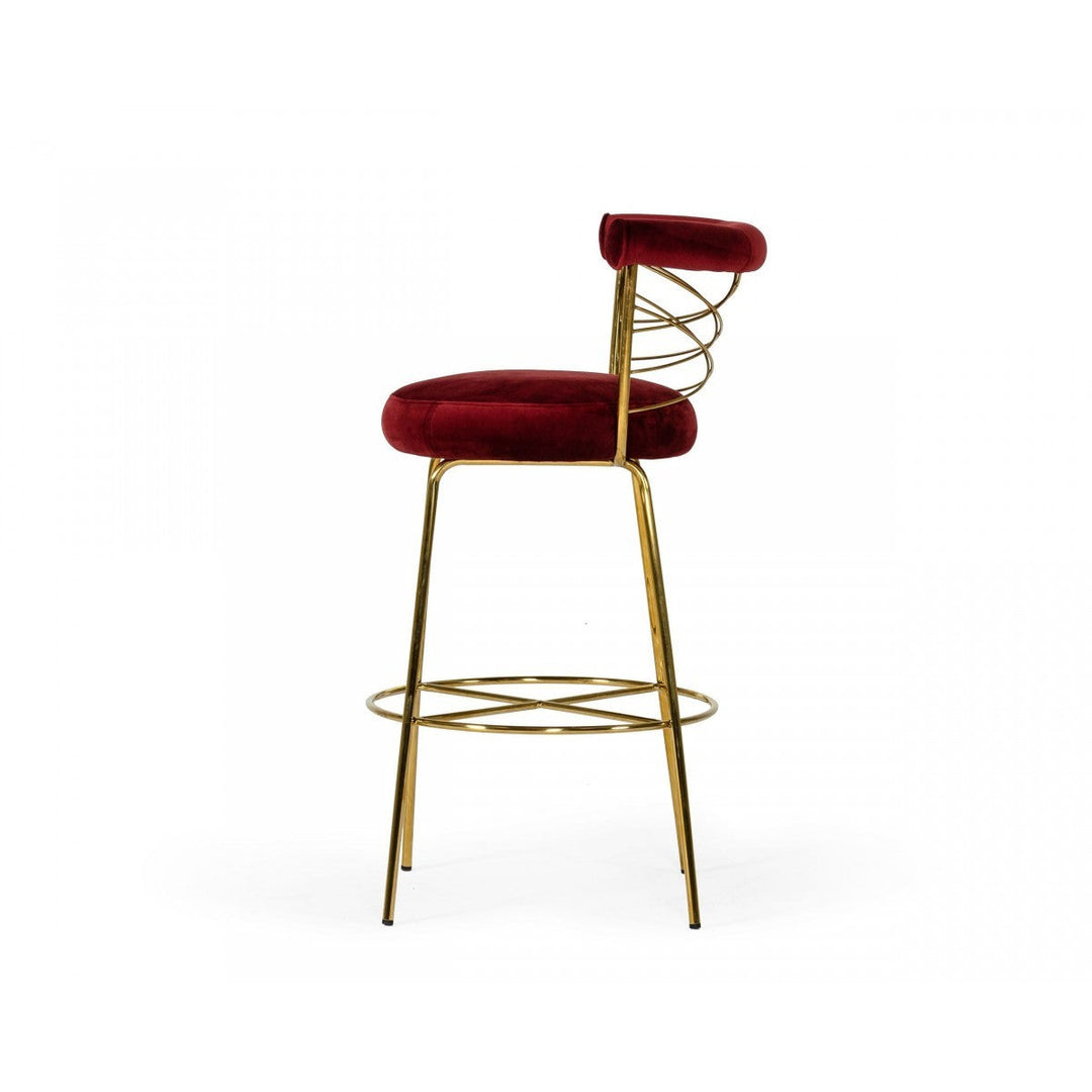 30" Red And Gold Velvet And Steel Low Back Bar Height Bar Chair Image 3