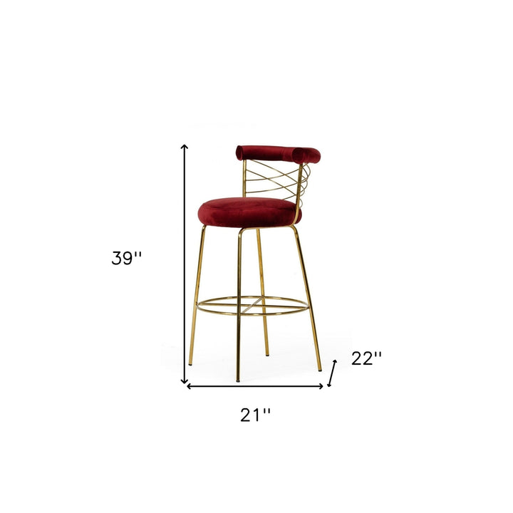 30" Red And Gold Velvet And Steel Low Back Bar Height Bar Chair Image 6