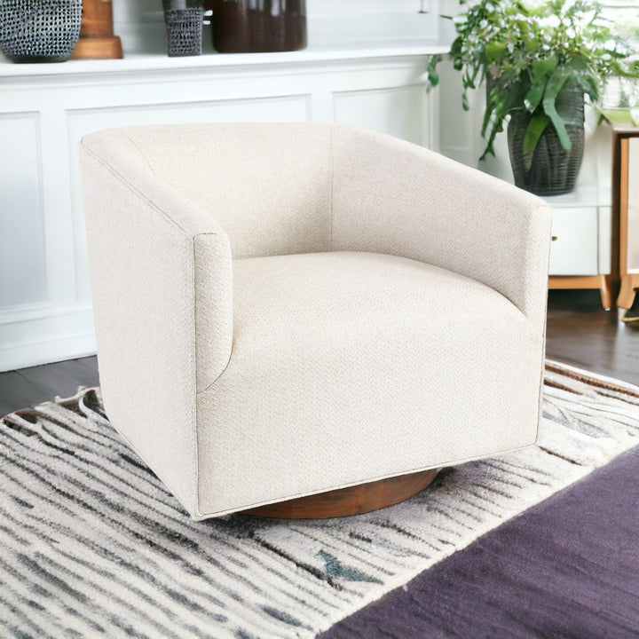 30" Beige and Wood Brown Polyester Chevron Swivel Barrel Chair Image 7