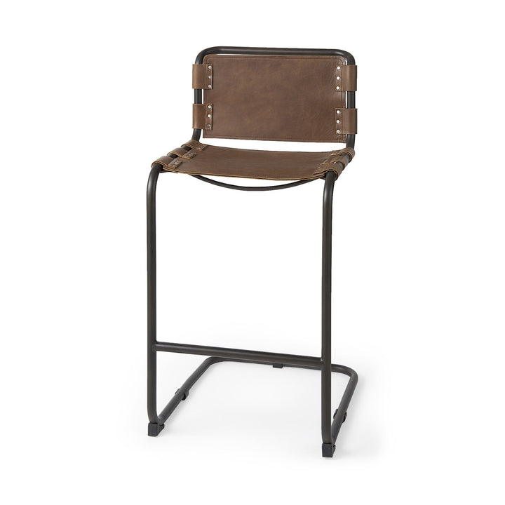 35" Brown Leather And Steel Bar Chair Image 1