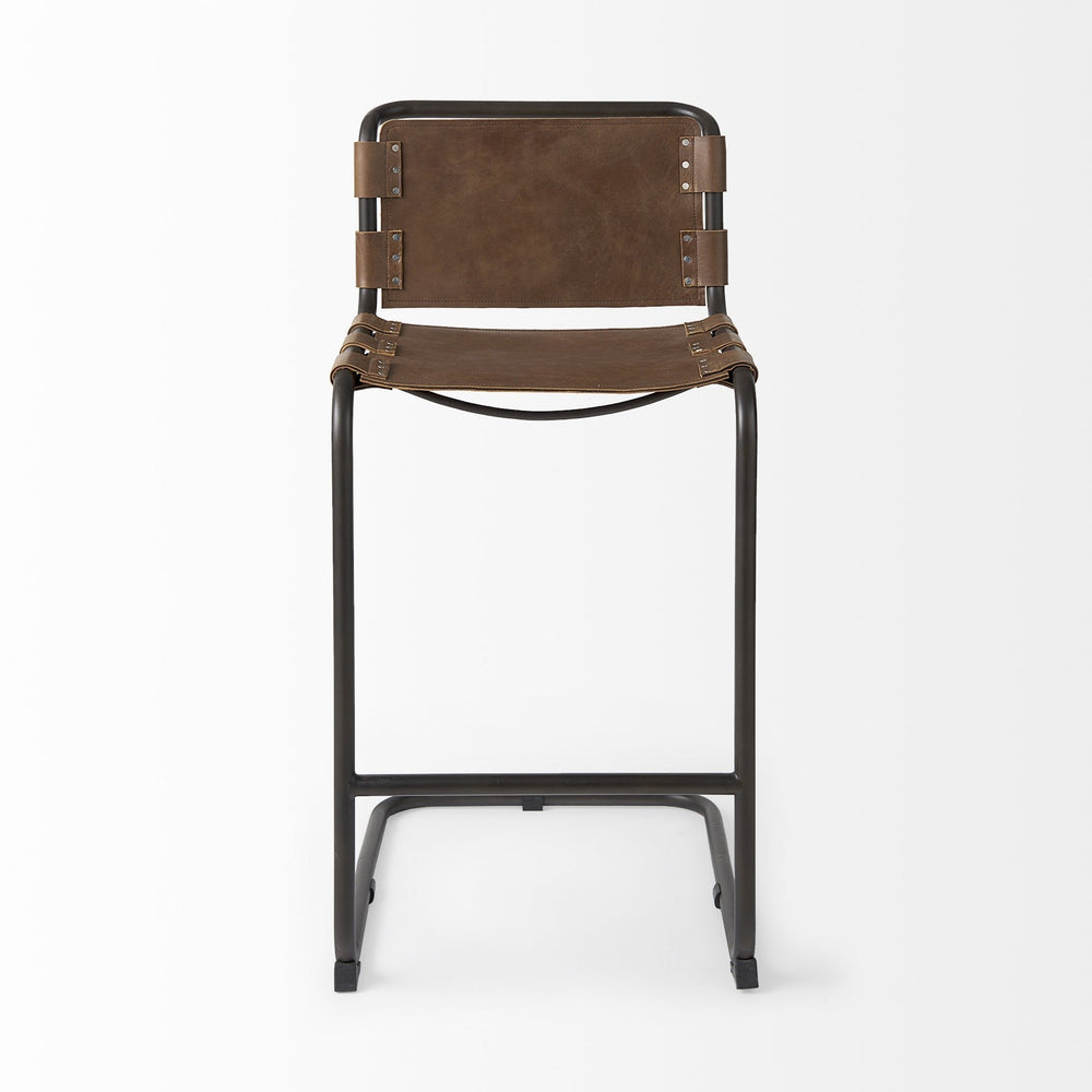 35" Brown Leather And Steel Bar Chair Image 2