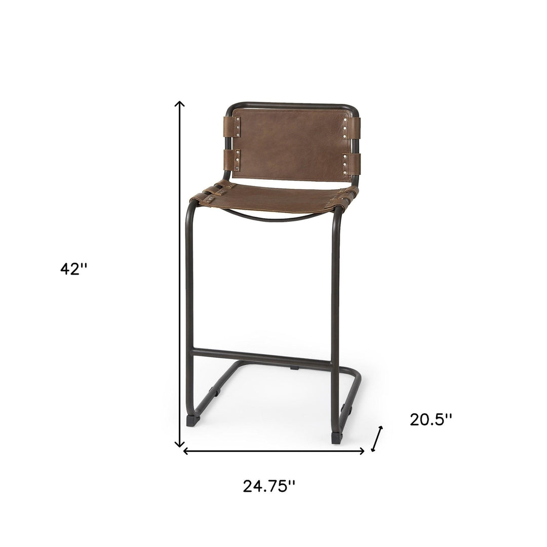 35" Brown Leather And Steel Bar Chair Image 10