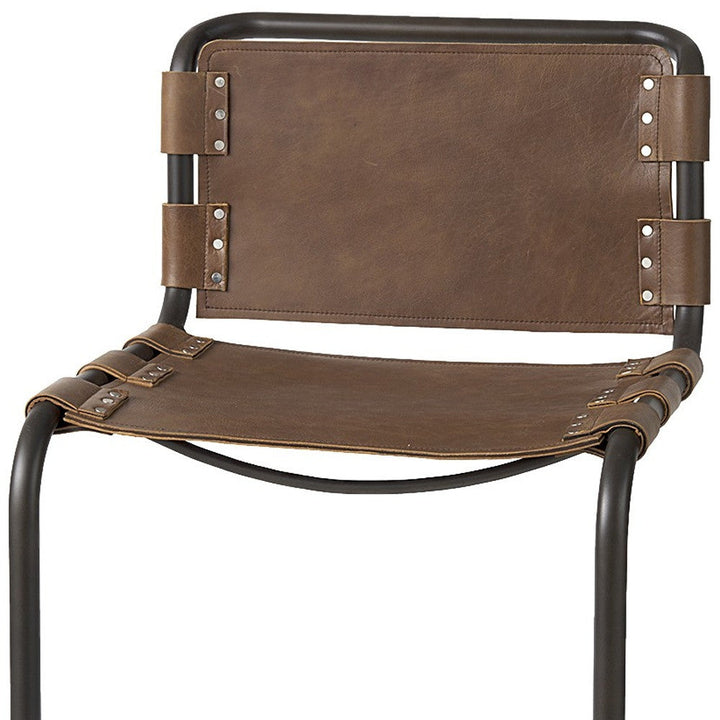 35" Brown Leather And Steel Bar Chair Image 12