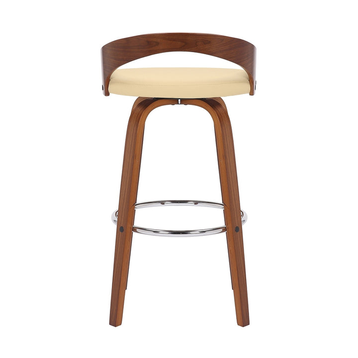 30" Cream And Brown Faux Leather And Solid Wood Swivel Low Back Bar Height Bar Chair Image 7