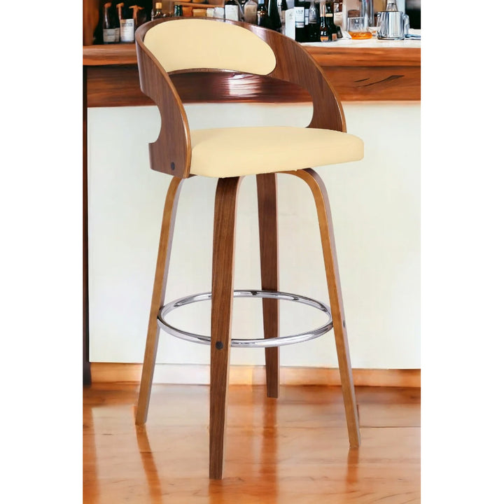 30" Cream And Brown Iron Swivel Low Back Bar Height Bar Chair Image 10