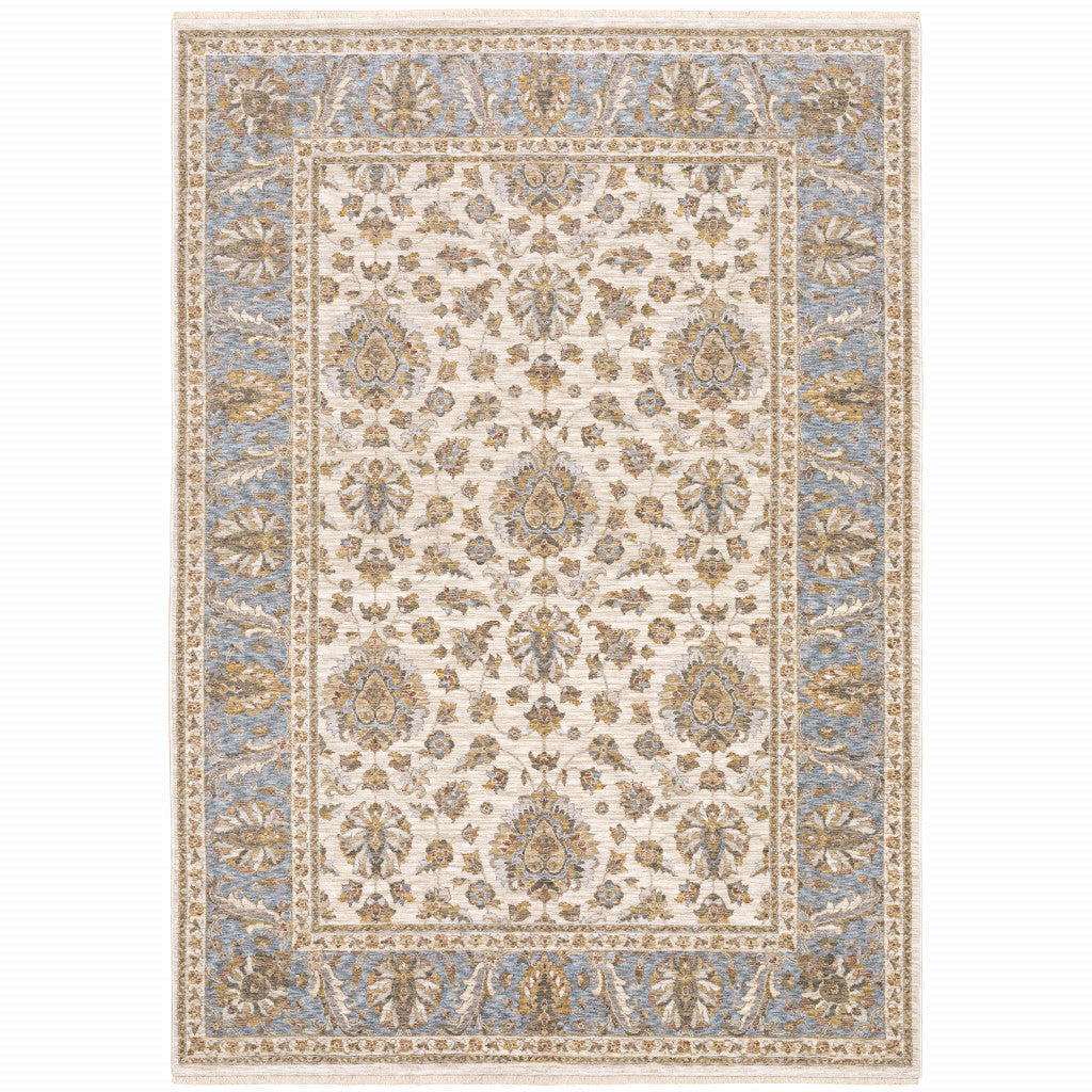 3 X 5 Ivory And Blue Oriental Power Loom Stain Resistant Area Rug With Fringe Image 1