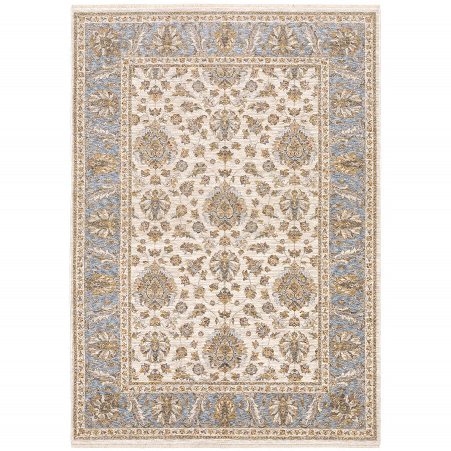 3 X 5 Ivory And Blue Oriental Power Loom Stain Resistant Area Rug With Fringe Image 1