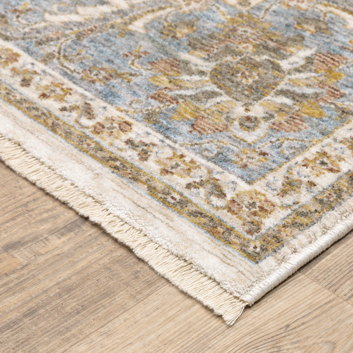 3 X 5 Ivory And Blue Oriental Power Loom Stain Resistant Area Rug With Fringe Image 2