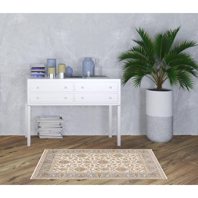 3 X 5 Ivory And Blue Oriental Power Loom Stain Resistant Area Rug With Fringe Image 10