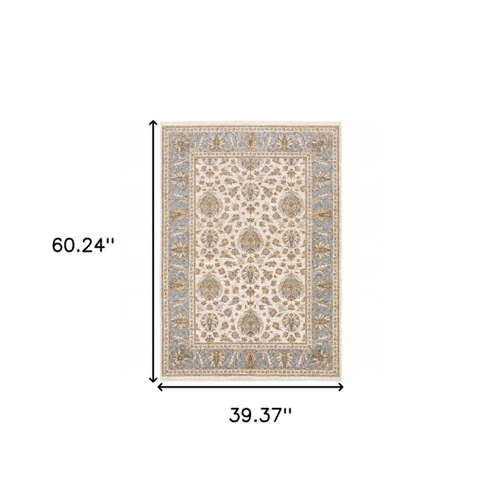 3 X 5 Ivory And Blue Oriental Power Loom Stain Resistant Area Rug With Fringe Image 11