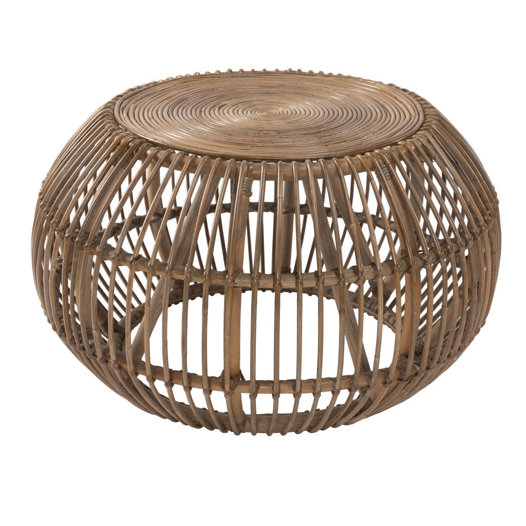 32" Natural Rattan Round Distressed Coffee Table Image 1