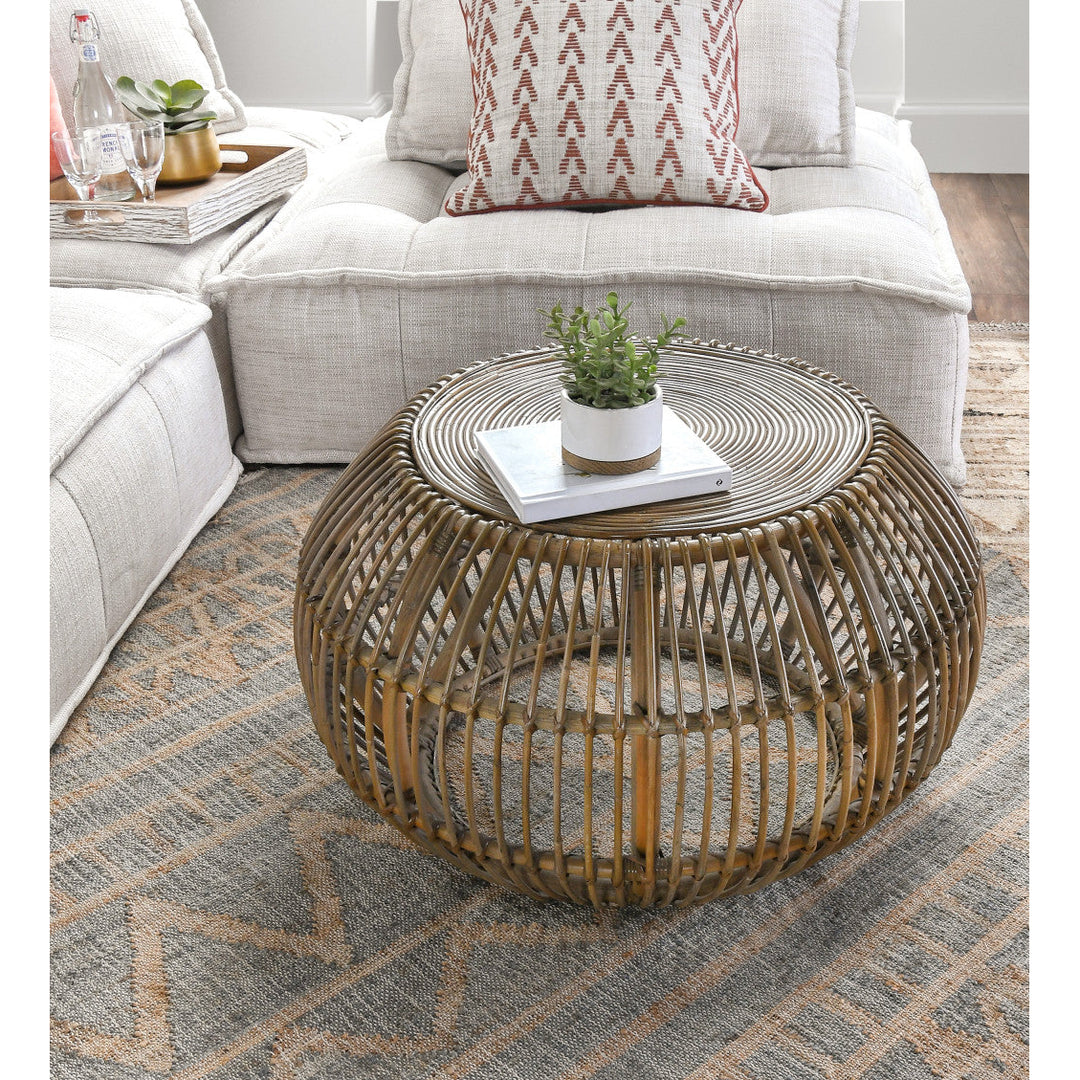 32" Natural Rattan Round Distressed Coffee Table Image 3