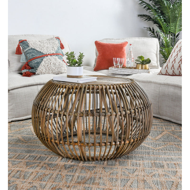 32" Natural Rattan Round Distressed Coffee Table Image 4