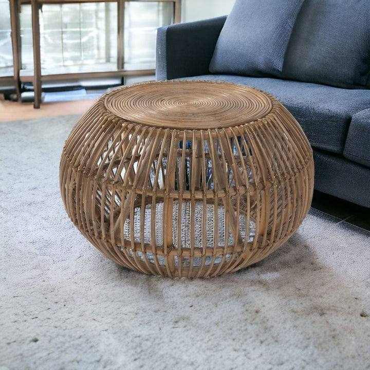 32" Natural Rattan Round Distressed Coffee Table Image 6