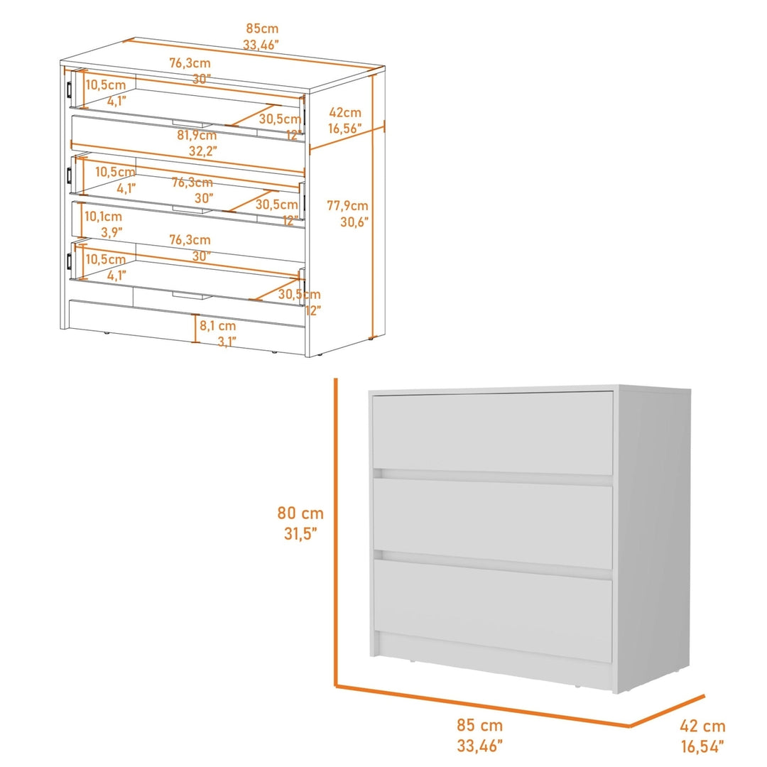 33" White Manufactured Wood Three Drawer No Handles Dresser Image 4