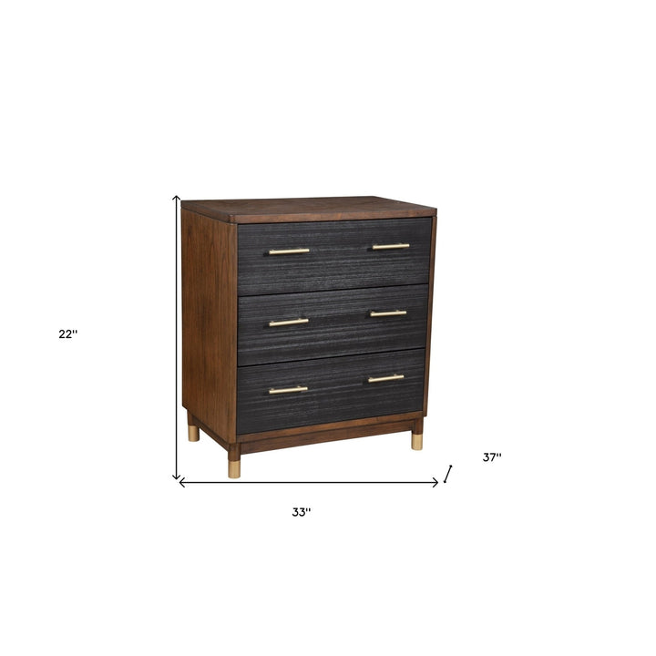 33" Brown and Black Solid Wood Three Drawer Chest Image 4