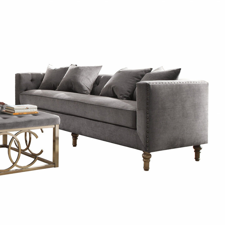 34" Gray Velvet Sofa And Toss Pillows With Brown Legs Image 1