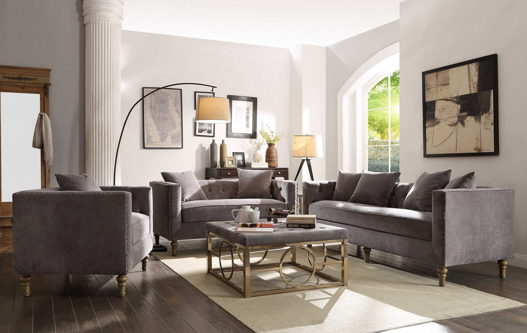 34" Gray Velvet Sofa And Toss Pillows With Brown Legs Image 2