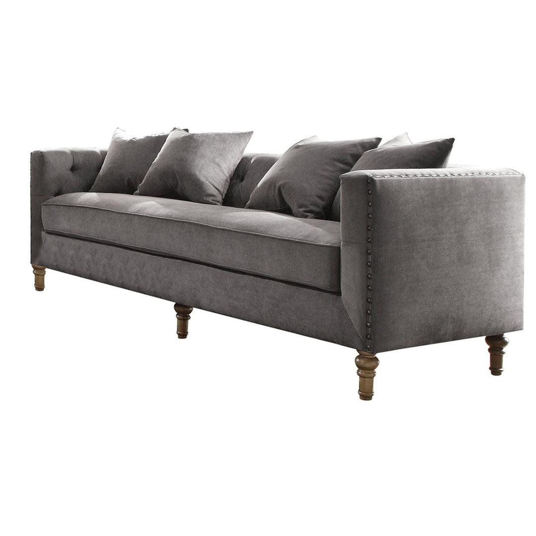 34" Gray Velvet Sofa And Toss Pillows With Brown Legs Image 3