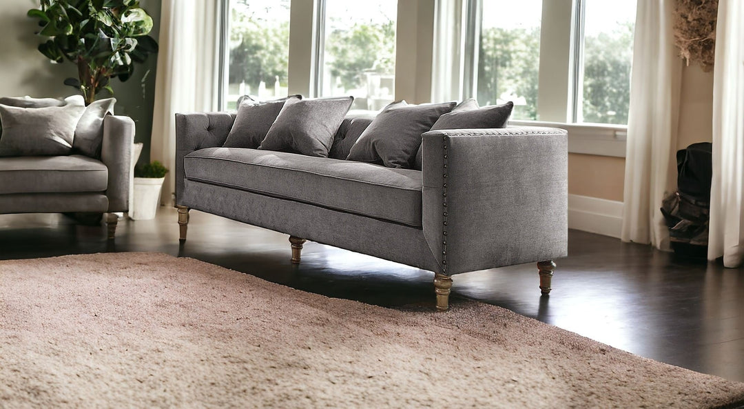 34" Gray Velvet Sofa And Toss Pillows With Brown Legs Image 4