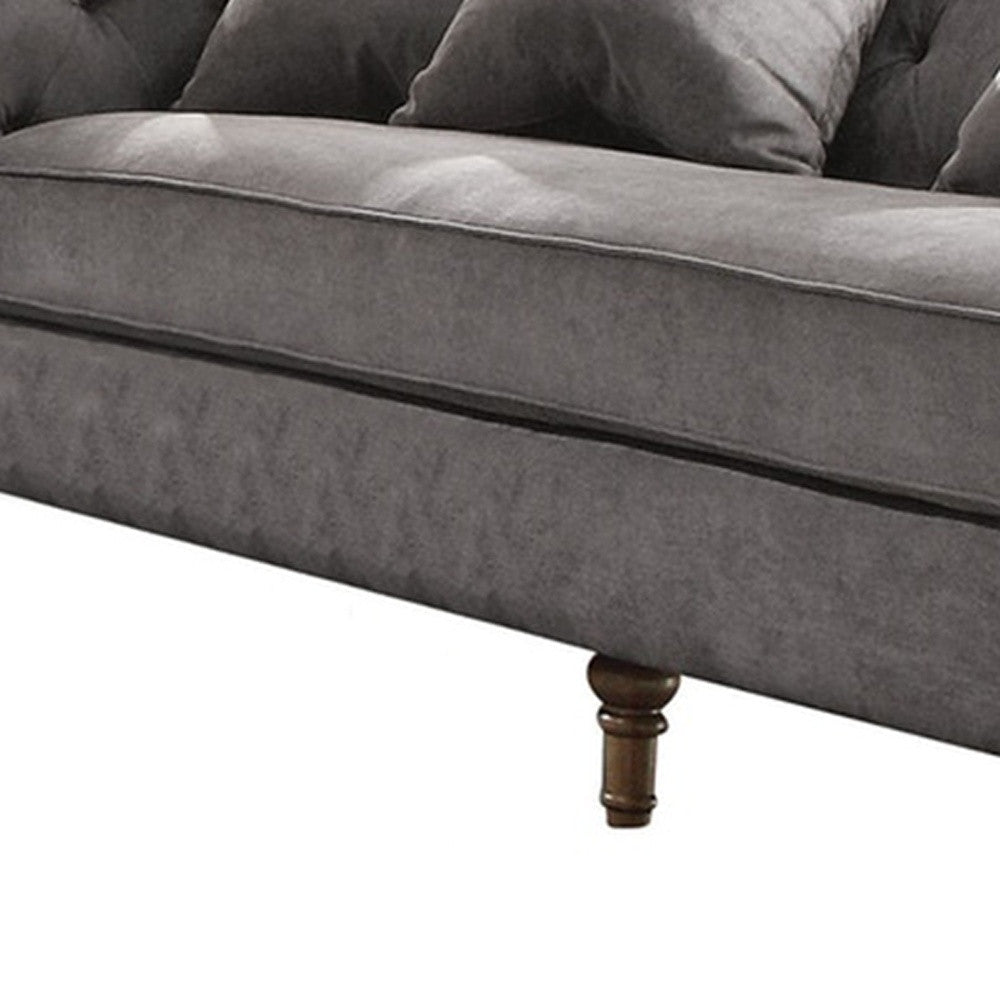 34" Gray Velvet Sofa And Toss Pillows With Brown Legs Image 5