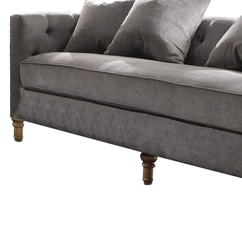 34" Gray Velvet Sofa And Toss Pillows With Brown Legs Image 6